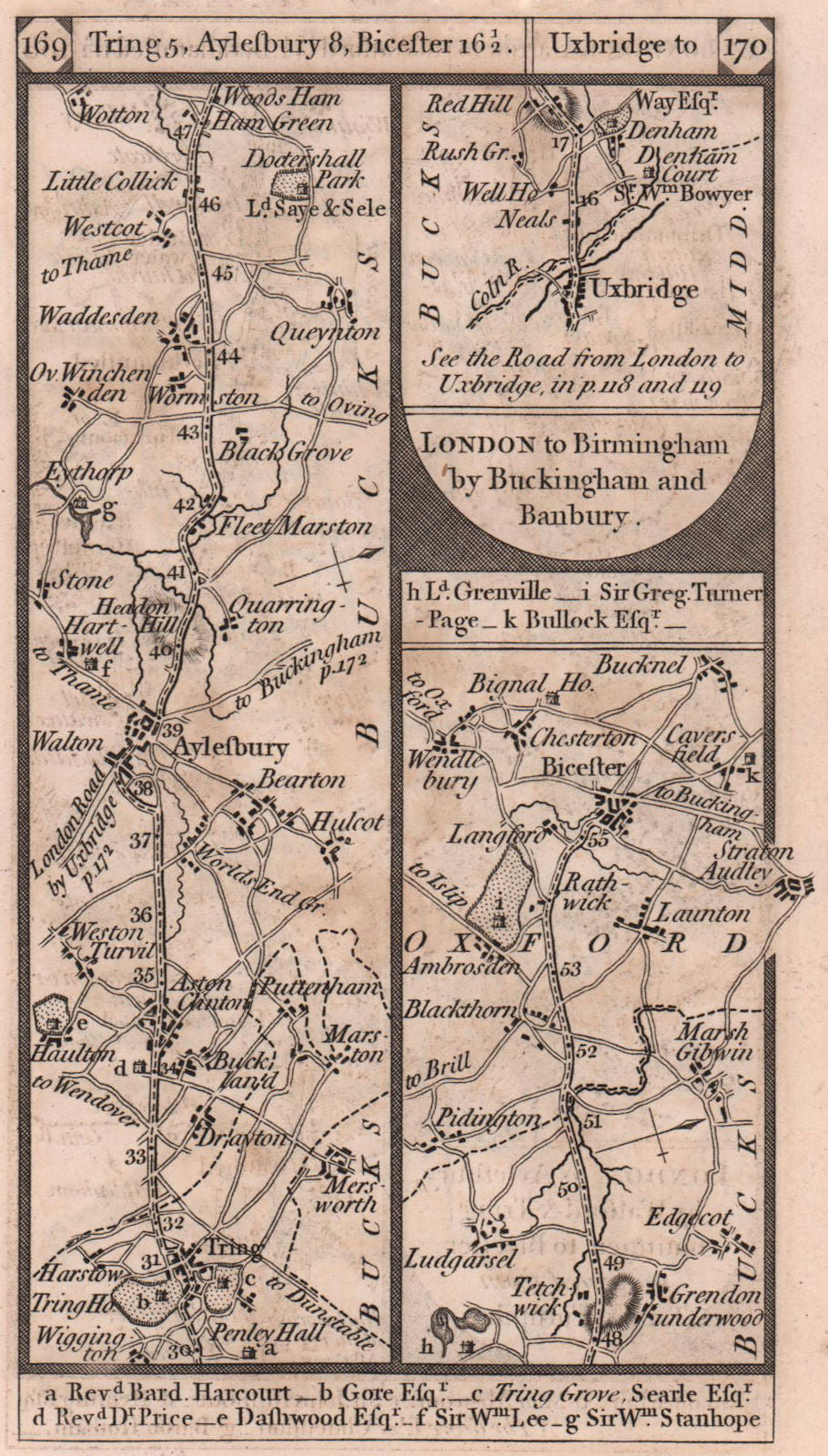Tring-Aylesbury-Bicester. Uxbridge-Denham road strip map PATERSON 1803 old